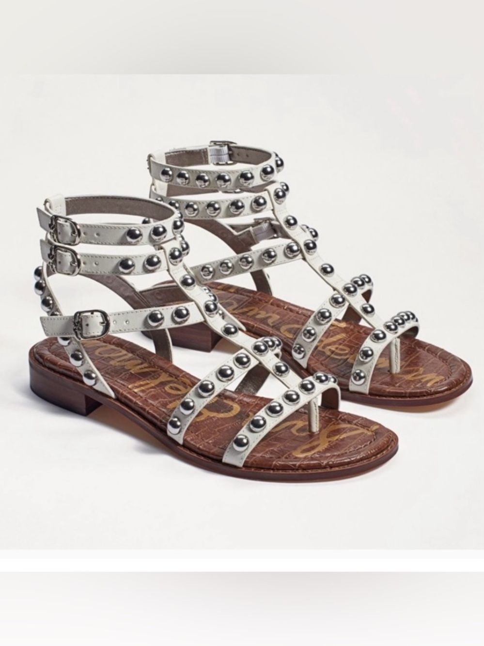 SAM EDELMAN EAVAN STUDDED GLADIATOR
SANDAL WHITE SILVER LEATHER SIZE 8.5 - Picture 2 of 12